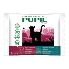 PUPIL Premium dla kota bogata w wołowinę z wątróbką + bogata w pstrąga i łososia 4 x 100 g