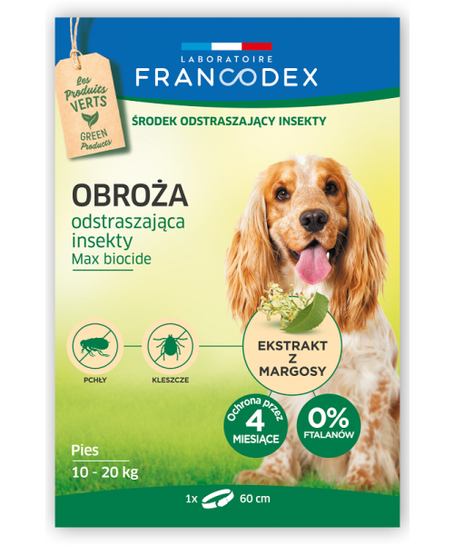 FRANCODEX - Obroża odstraszająca przeciwko pchłom i kleszczom  60 cm - dla średnich psów